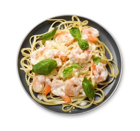 Photo of Tasty pasta with shrimps isolated on white, top view