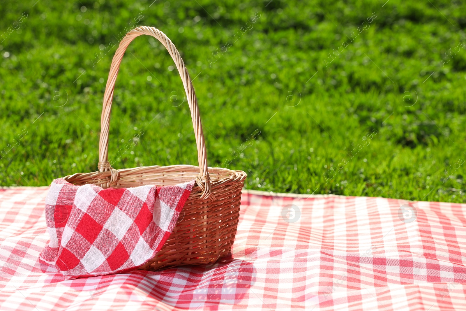 Photo of One picnic wicker basket with checkered napkin and blanket on green grass. Space for text