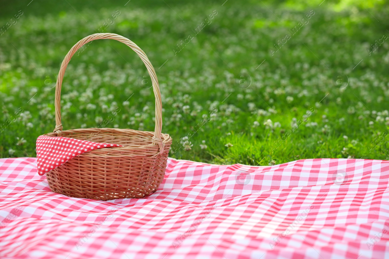 Photo of One picnic wicker basket with checkered napkin and blanket on green grass. Space for text