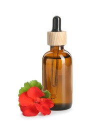 Photo of Bottle of geranium essential oil and beautiful flower isolated on white