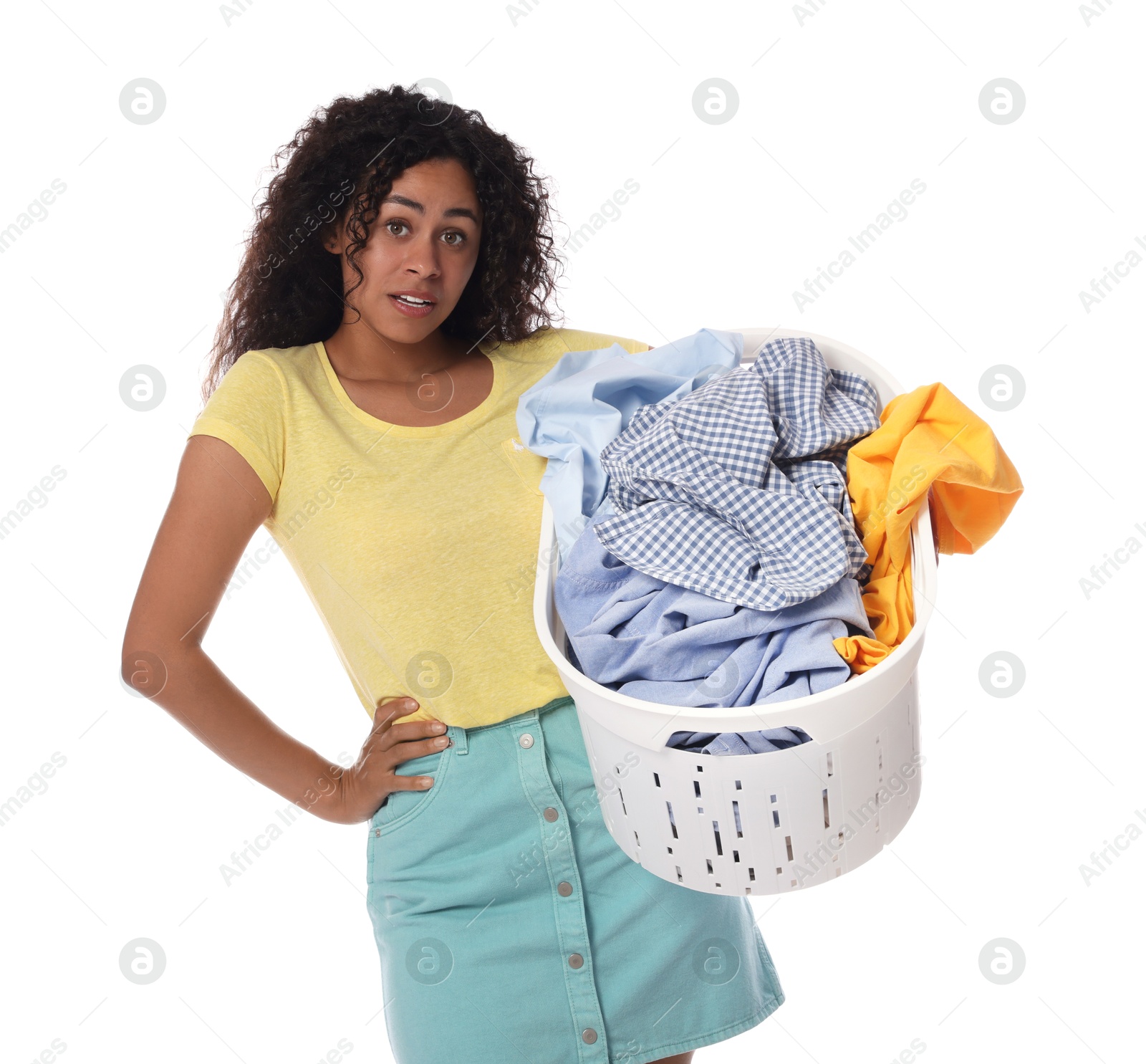 Photo of Woman with basket full of laundry on white background