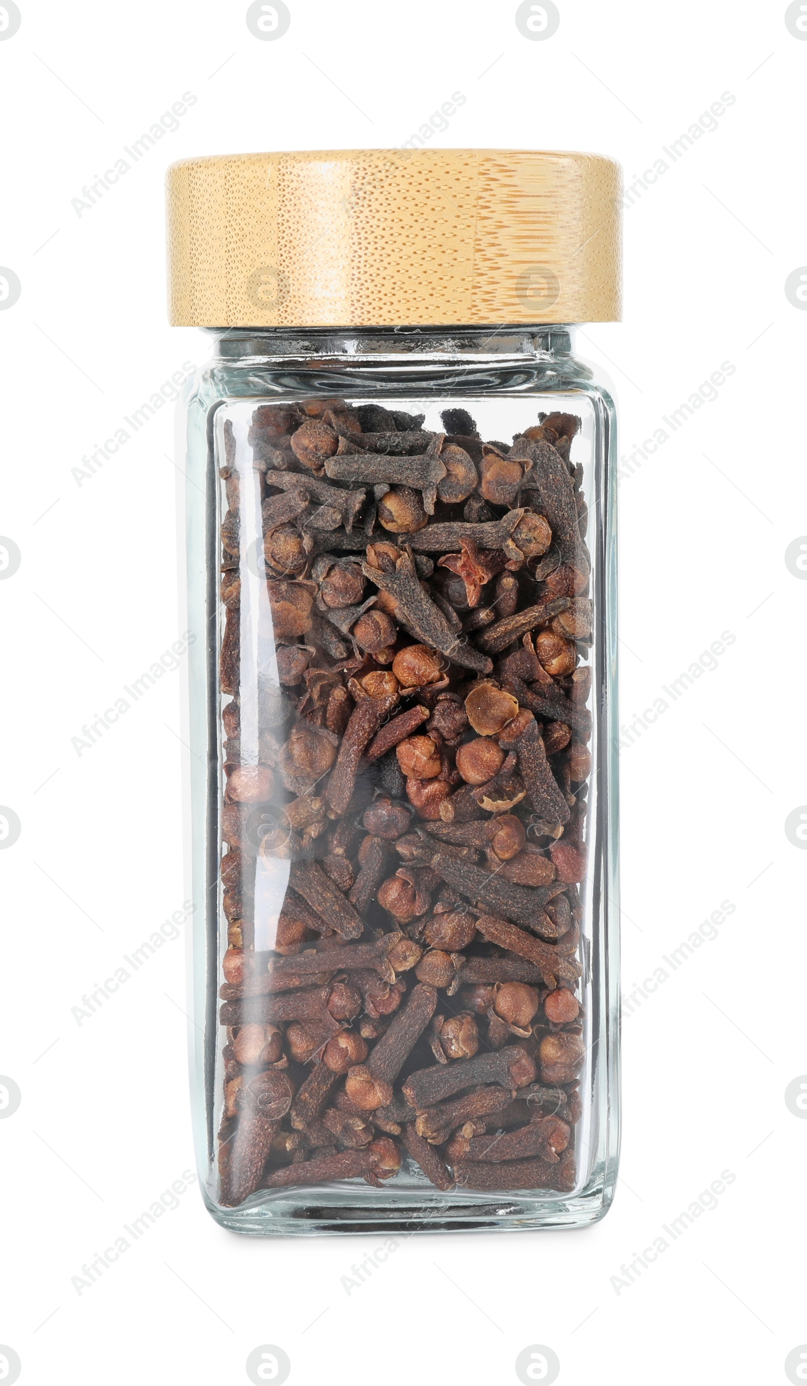 Photo of Clove buds in glass jar isolated on white