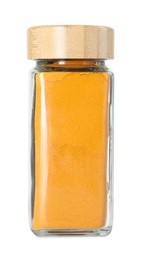 Photo of Curry powder in glass jar isolated on white