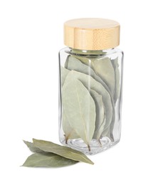 Photo of Dry bay leaves in glass jar isolated on white