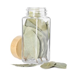 Photo of Dry bay leaves in glass jar isolated on white