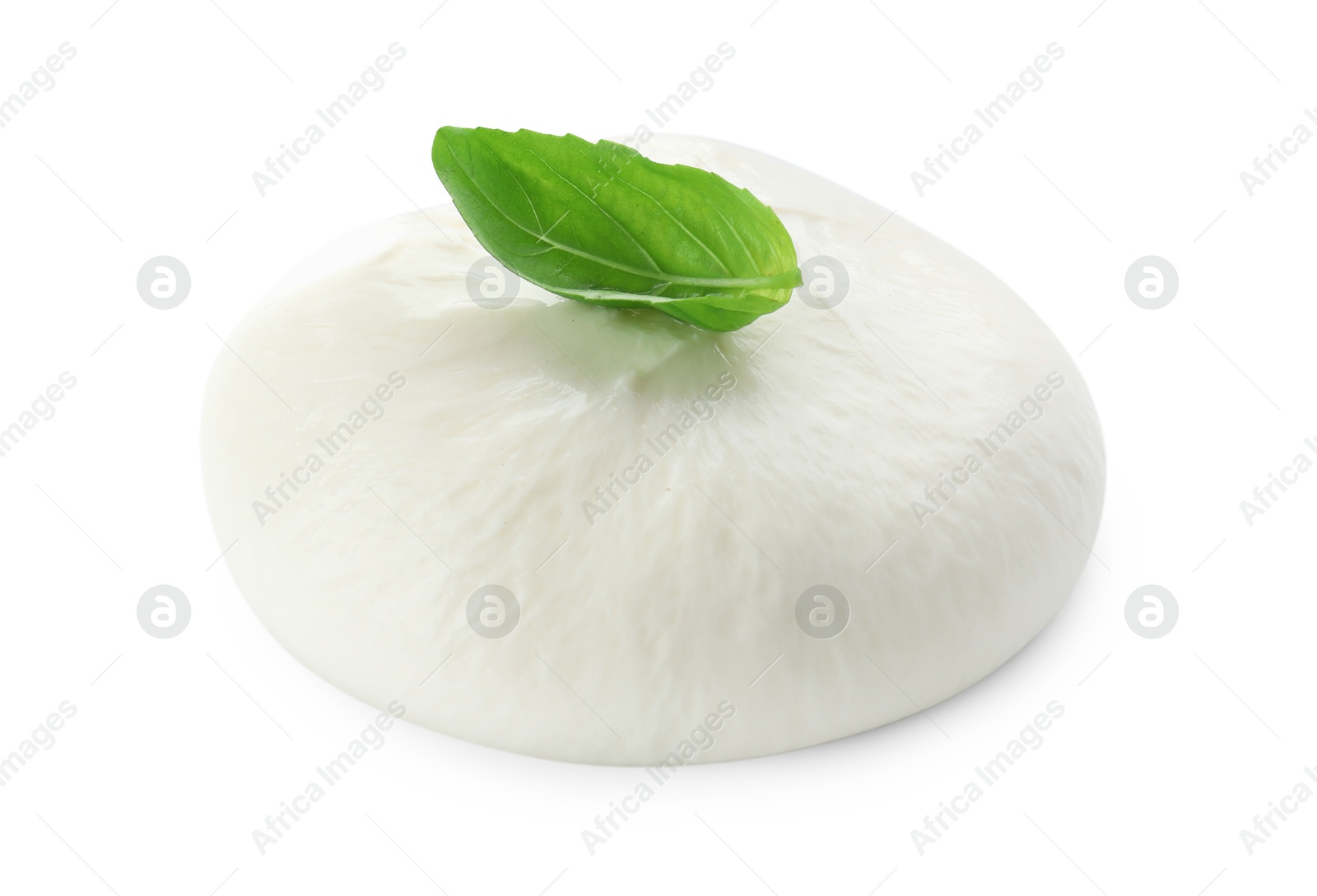 Photo of Delicious burrata cheese and basil isolated on white