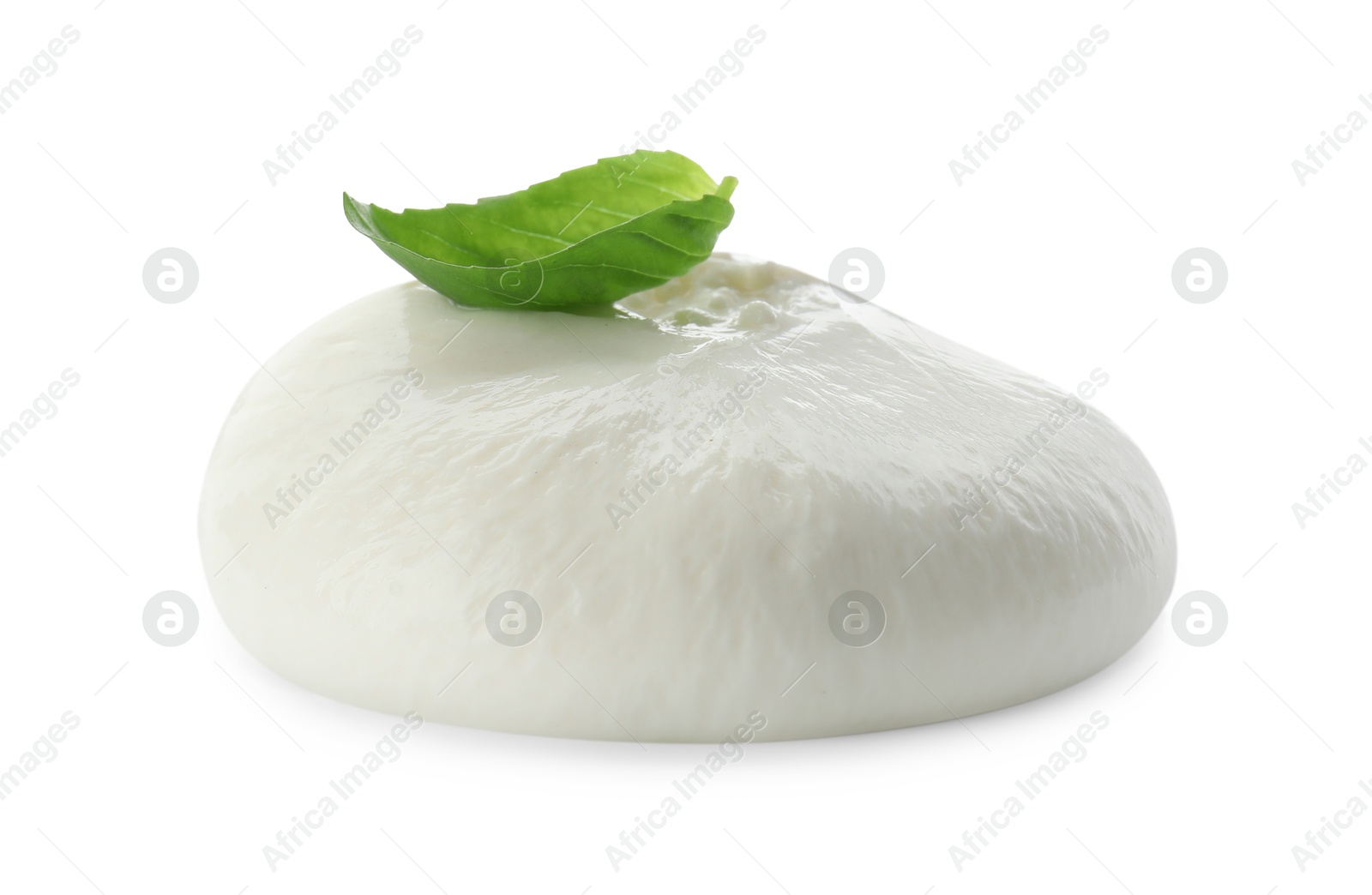 Photo of Delicious burrata cheese and basil isolated on white