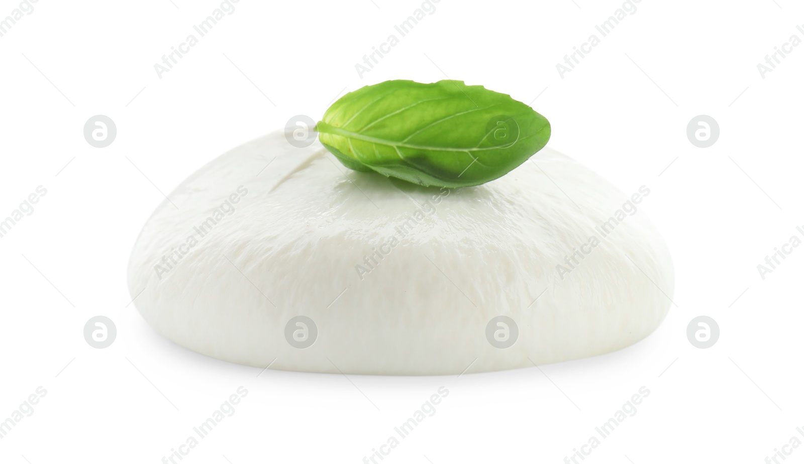 Photo of Delicious burrata cheese and basil isolated on white