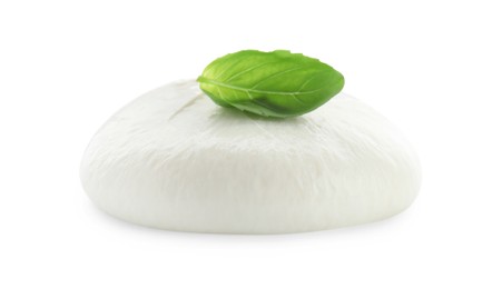 Photo of Delicious burrata cheese and basil isolated on white