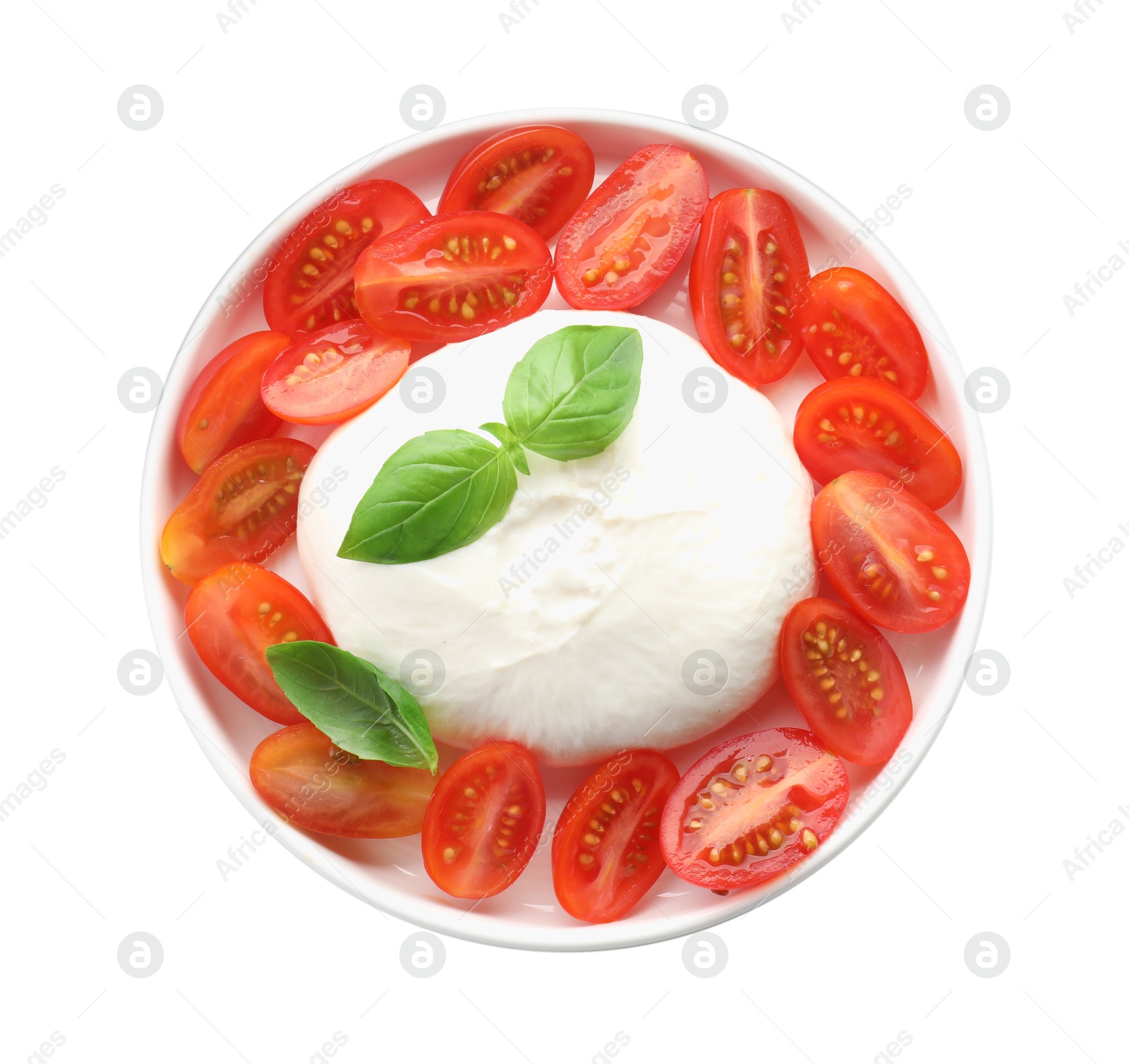 Photo of Delicious burrata cheese, tomatoes and basil isolated on white, top view