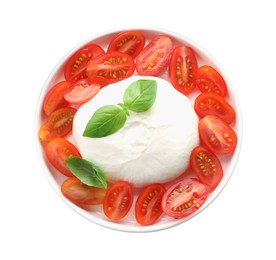 Photo of Delicious burrata cheese, tomatoes and basil isolated on white, top view