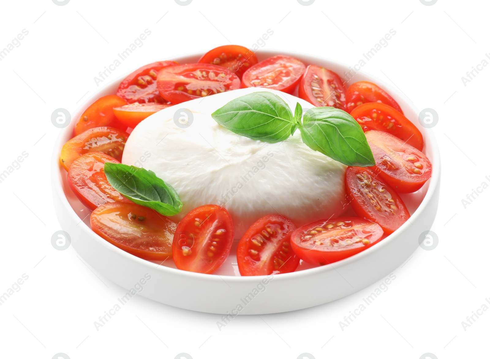 Photo of Delicious burrata cheese, tomatoes and basil isolated on white