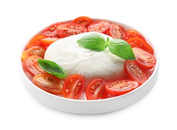 Photo of Delicious burrata cheese, tomatoes and basil isolated on white