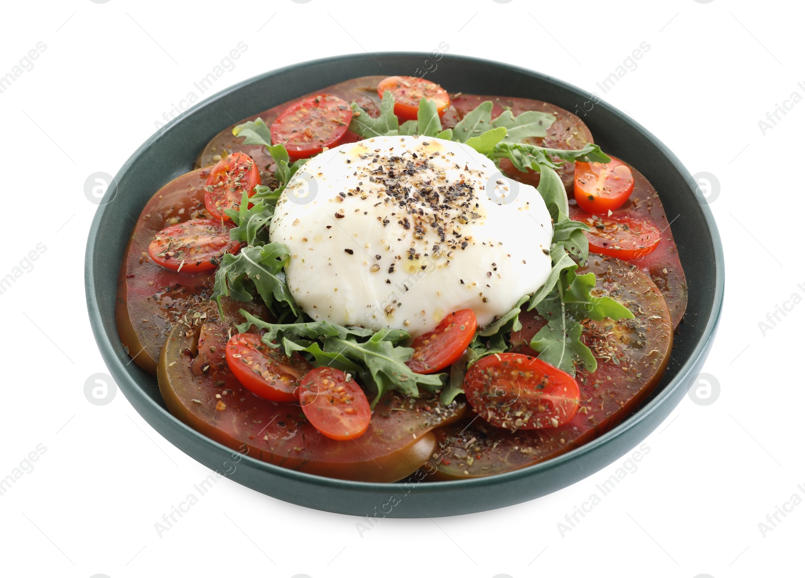 Photo of Delicious fresh burrata salad in bowl isolated on white