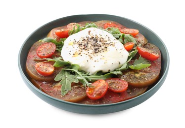 Photo of Delicious fresh burrata salad in bowl isolated on white