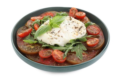 Delicious fresh burrata salad in bowl isolated on white