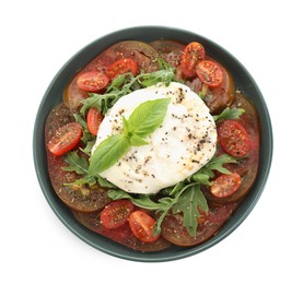 Delicious fresh burrata salad in bowl isolated on white