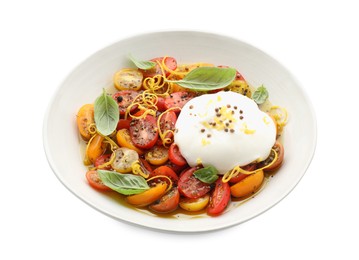 Delicious fresh burrata salad in bowl isolated on white