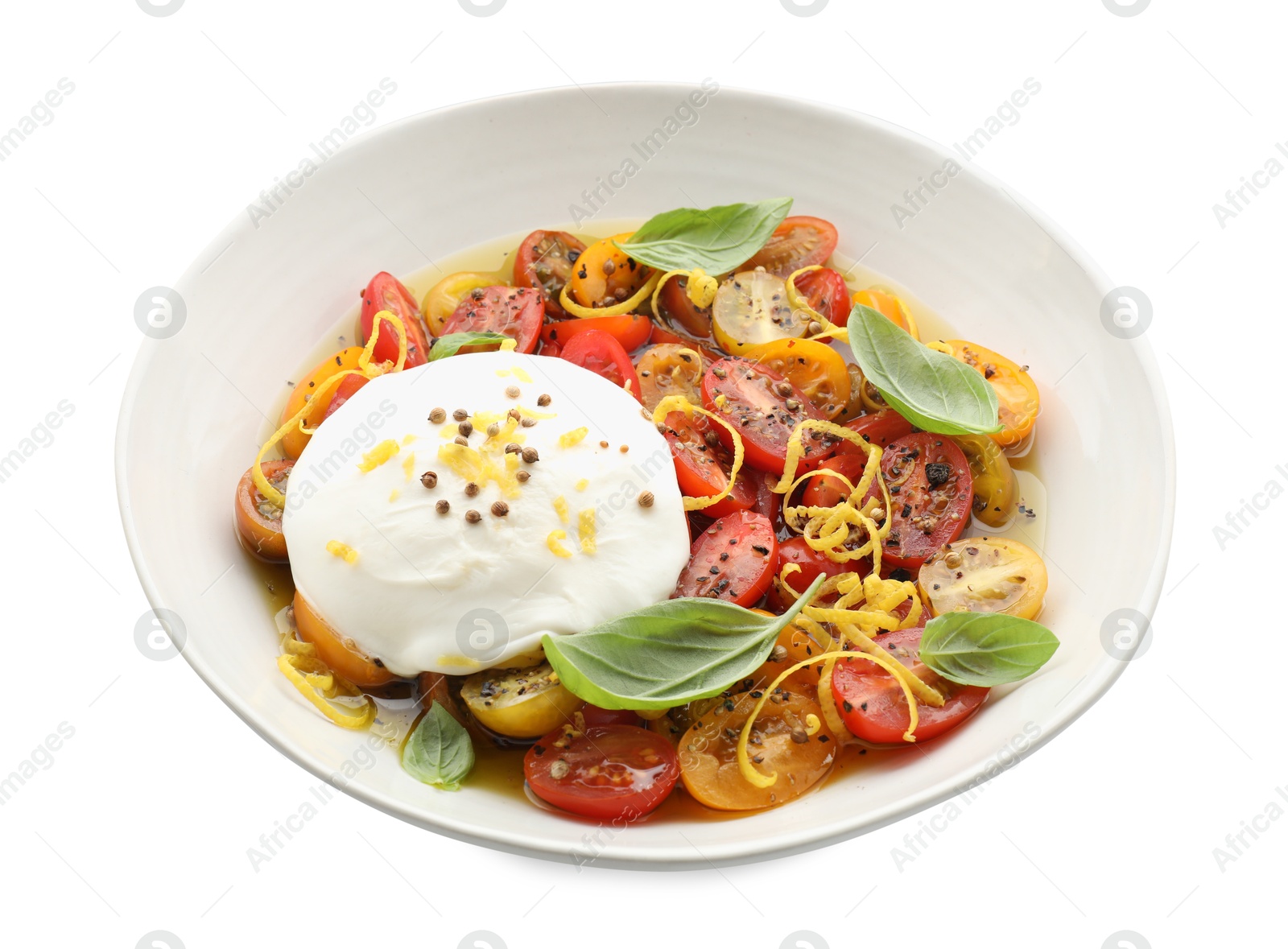 Photo of Delicious fresh burrata salad in bowl isolated on white