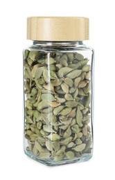 Cardamom seeds in glass jar isolated on white