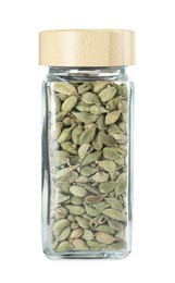 Cardamom seeds in glass jar isolated on white