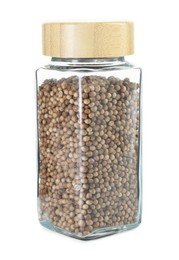 Photo of Coriander in glass jar isolated on white