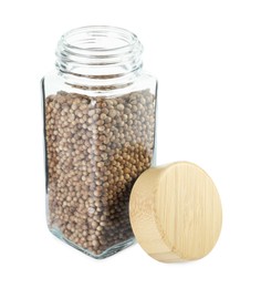 Photo of Coriander in glass jar isolated on white