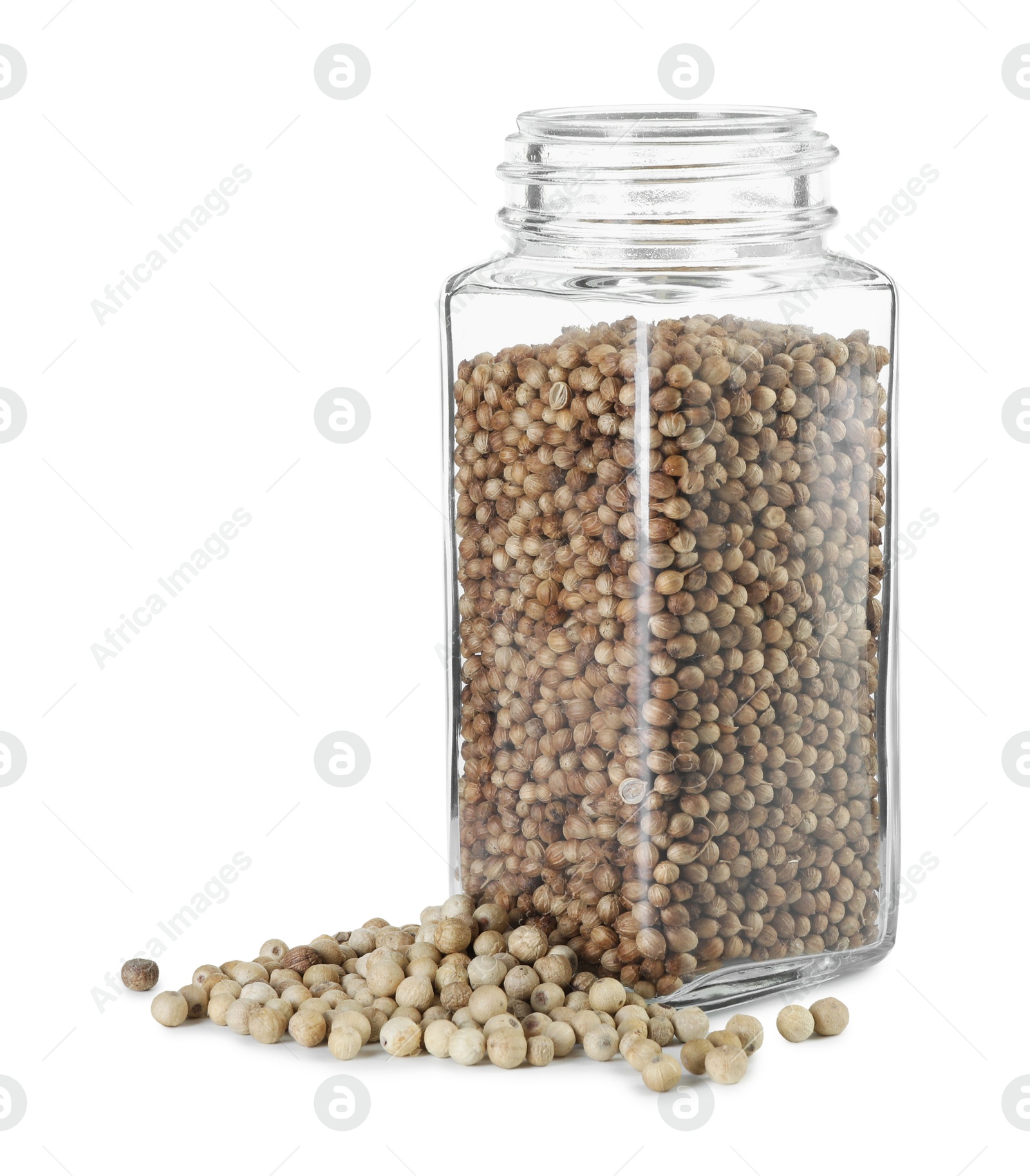 Photo of Coriander in glass jar isolated on white