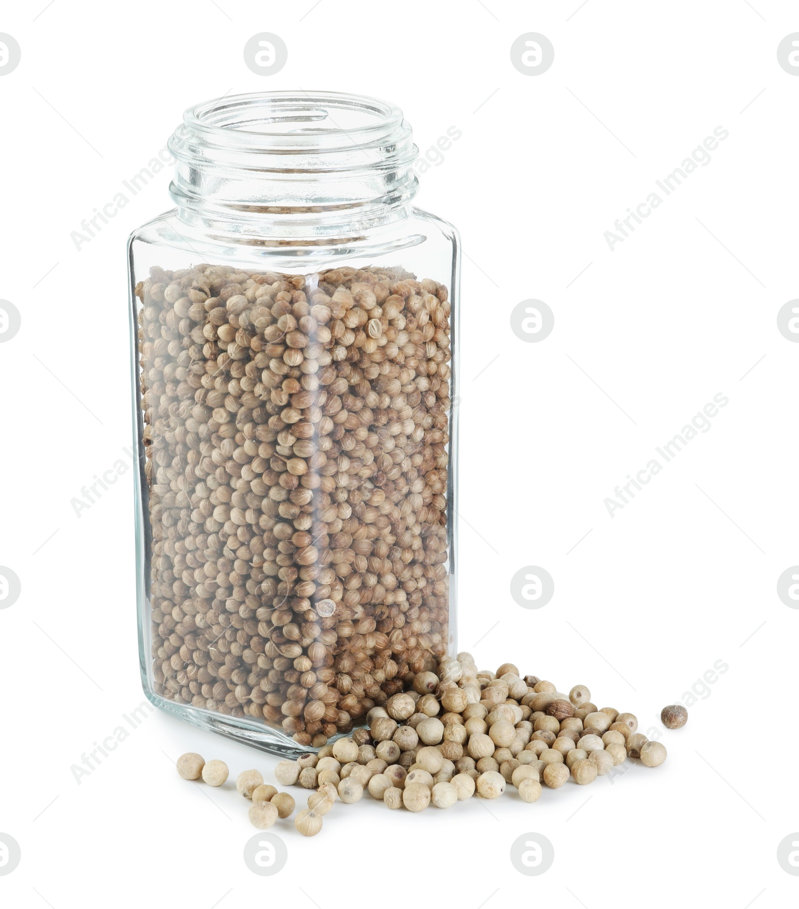 Photo of Coriander in glass jar isolated on white