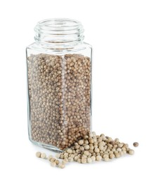 Photo of Coriander in glass jar isolated on white