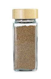 Photo of Cumin powder in glass jar isolated on white