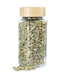 Photo of Cardamom in glass jar isolated on white