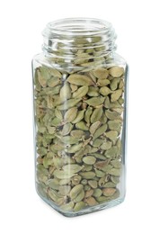 Photo of Cardamom in glass jar isolated on white