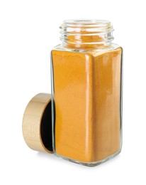 Photo of Curry powder in glass jar isolated on white