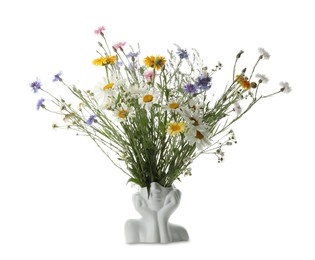 Bouquet of beautiful wildflowers in decorative vase on white background