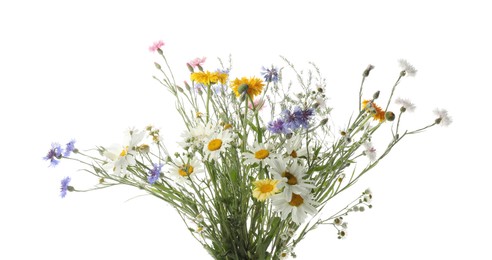 Photo of Bouquet of beautiful wildflowers on white background