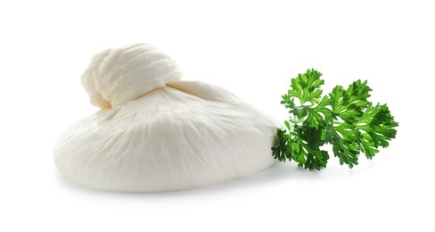 Photo of Fresh burrata cheese and coriander isolated on white