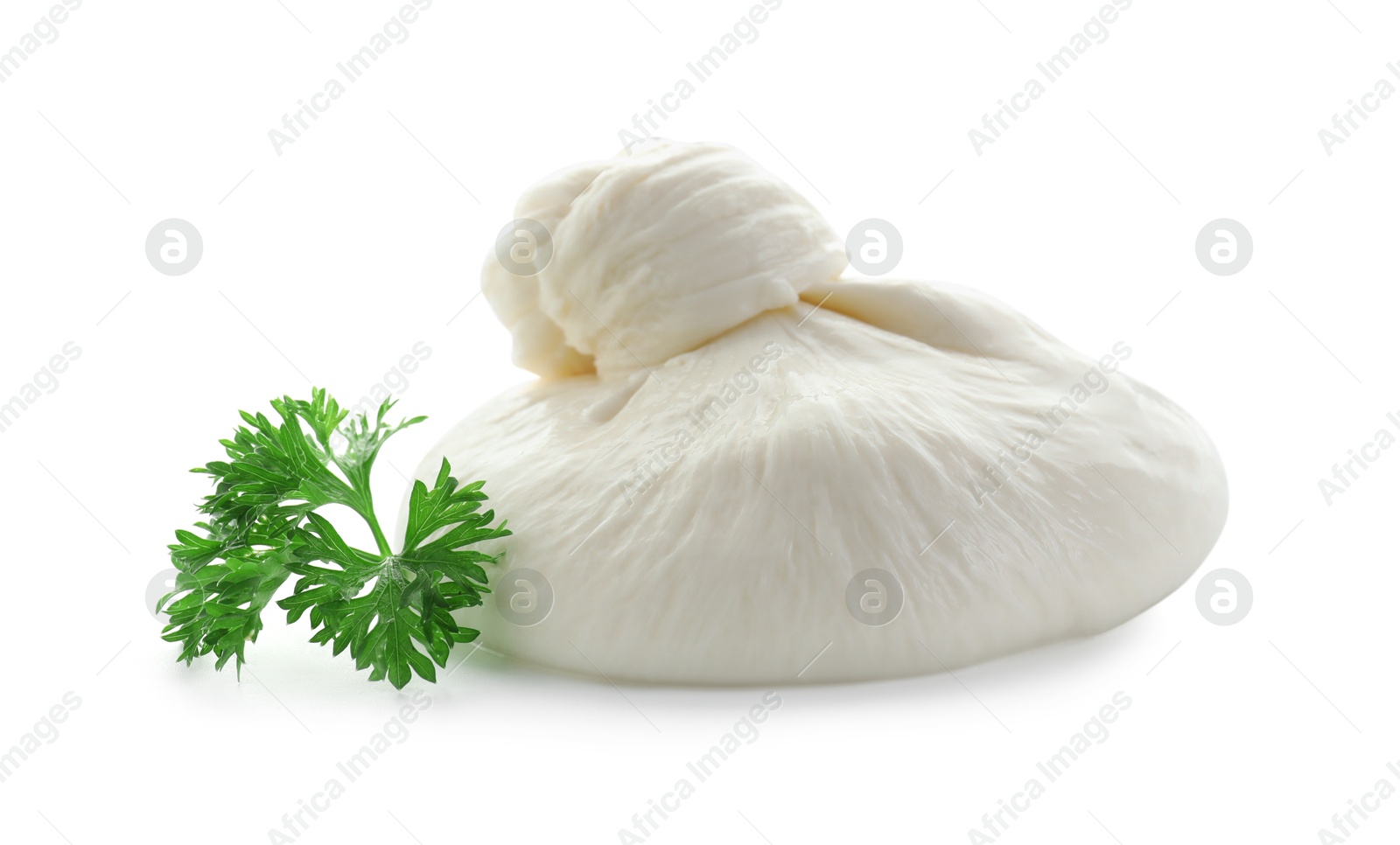 Photo of Fresh burrata cheese and coriander isolated on white