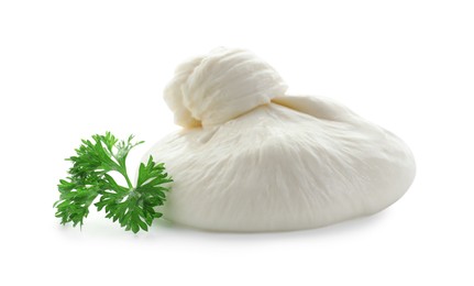 Fresh burrata cheese and coriander isolated on white