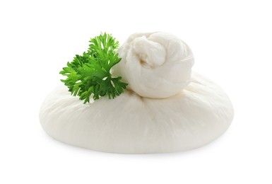 Photo of Fresh burrata cheese and coriander isolated on white