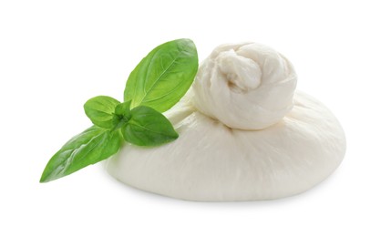 Fresh burrata cheese and basil leaves isolated on white