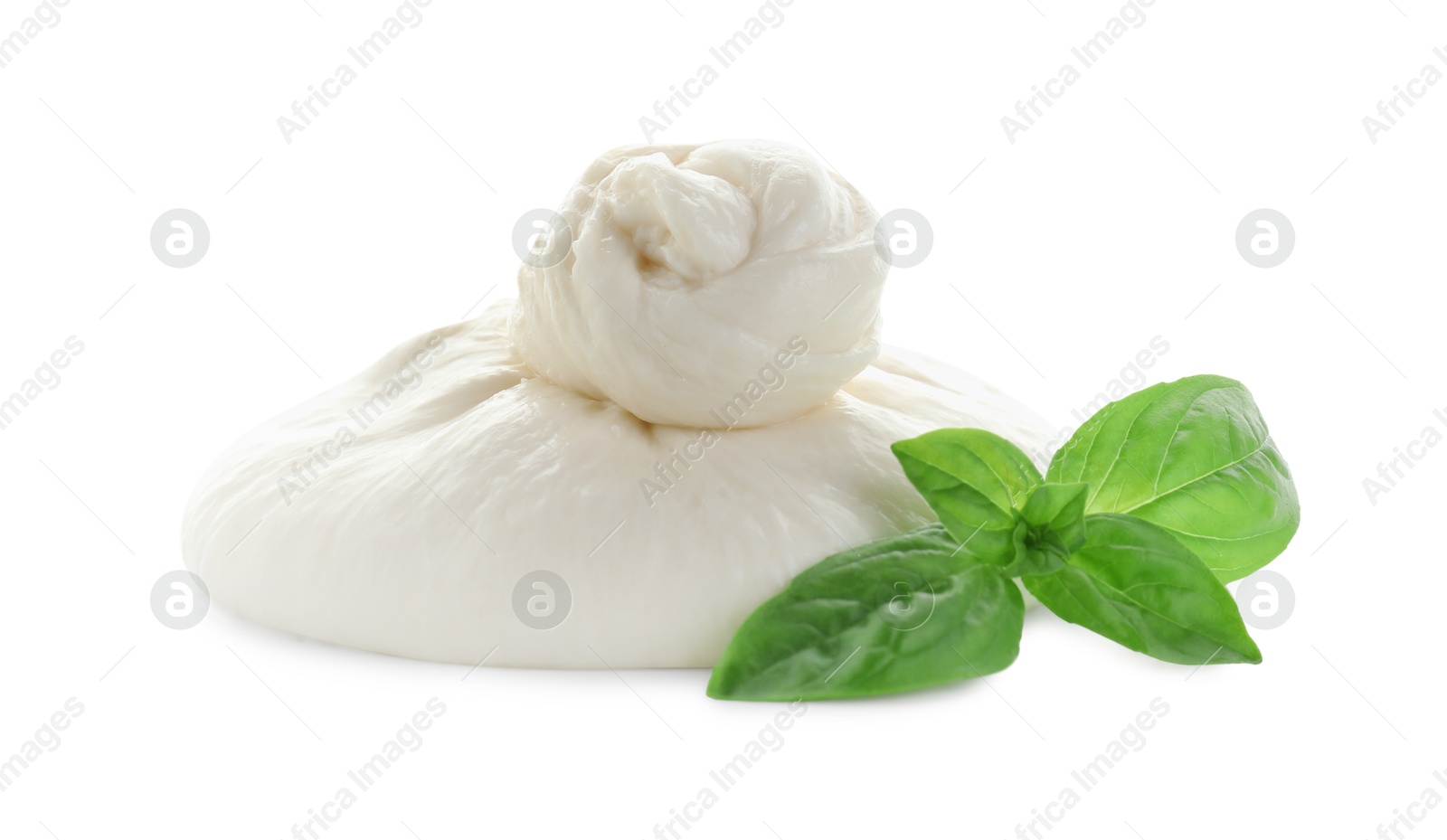 Photo of Fresh burrata cheese and basil leaves isolated on white