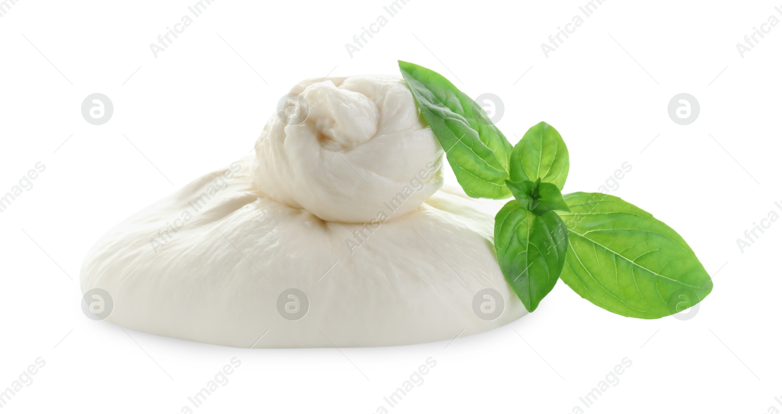 Photo of Fresh burrata cheese and basil leaves isolated on white