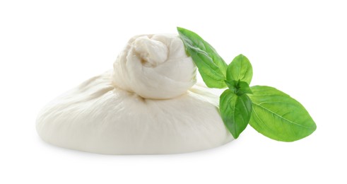 Fresh burrata cheese and basil leaves isolated on white