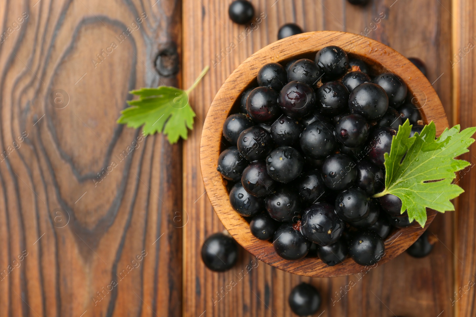 Photo of Ripe black currants and leaves in bowl on wooden table, top view. Space for text