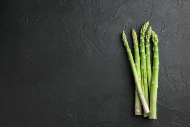 Fresh green asparagus stems on gray textured table, top view. Space for text