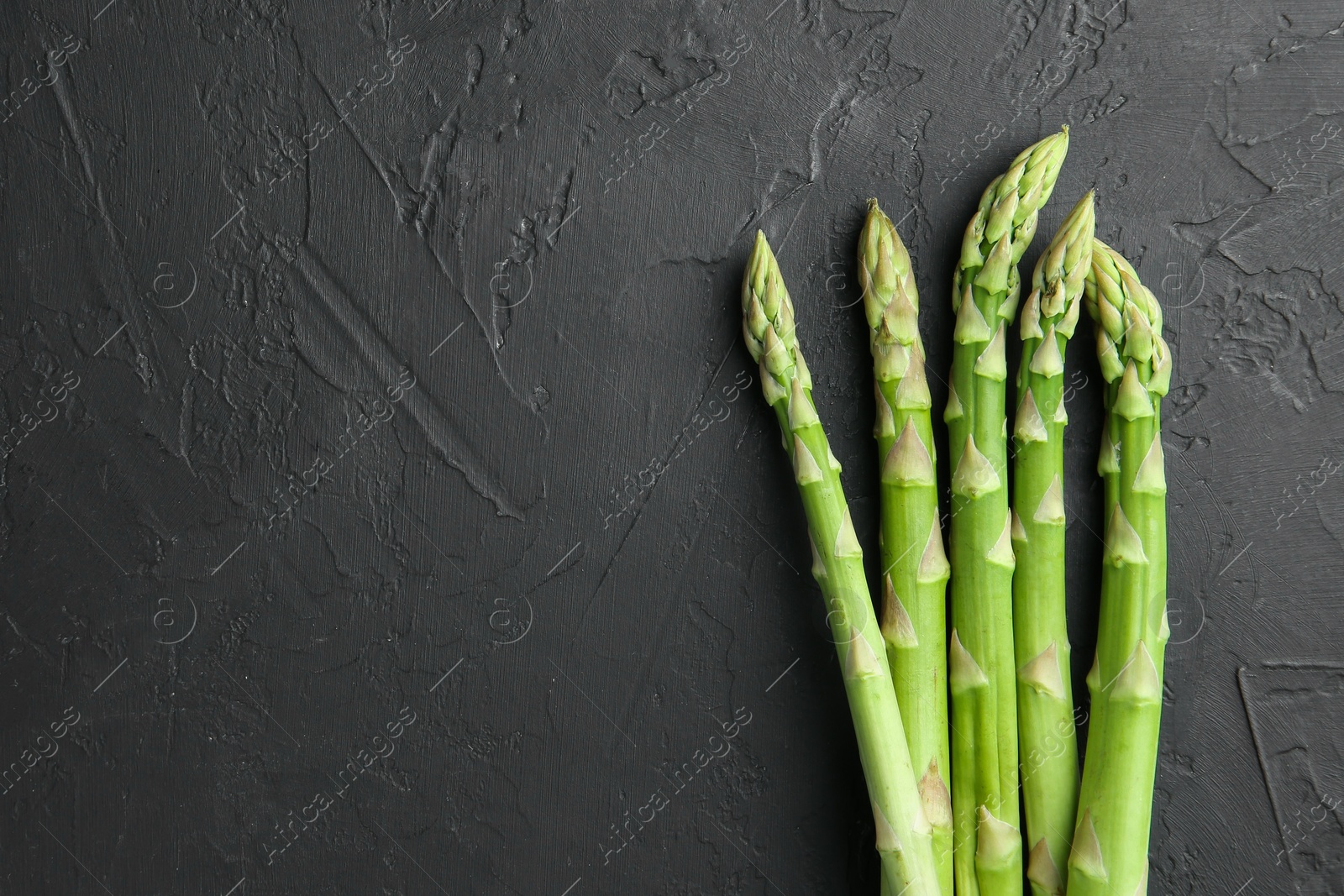 Photo of Fresh green asparagus stems on gray textured table, top view. Space for text