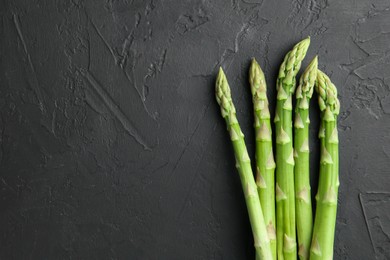 Photo of Fresh green asparagus stems on gray textured table, top view. Space for text