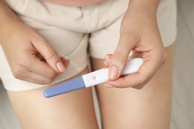 Photo of Woman holding positive pregnancy test indoors, closeup view