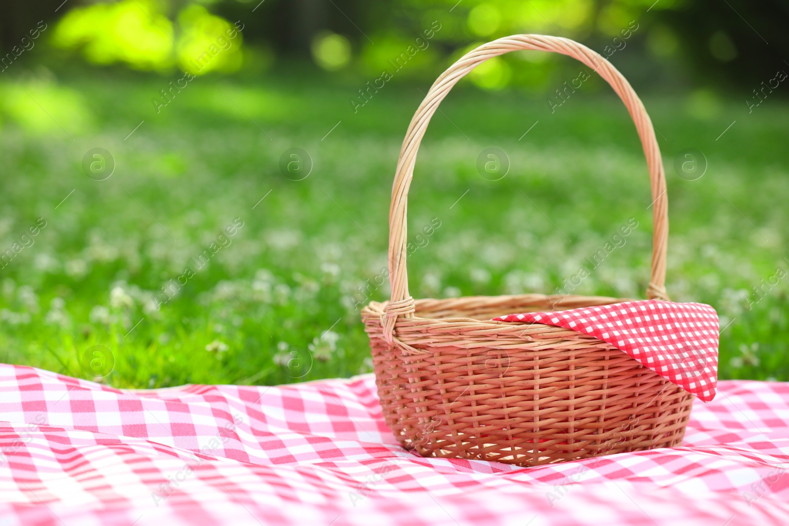 Photo of One picnic wicker basket with checkered napkin and blanket on green grass. Space for text